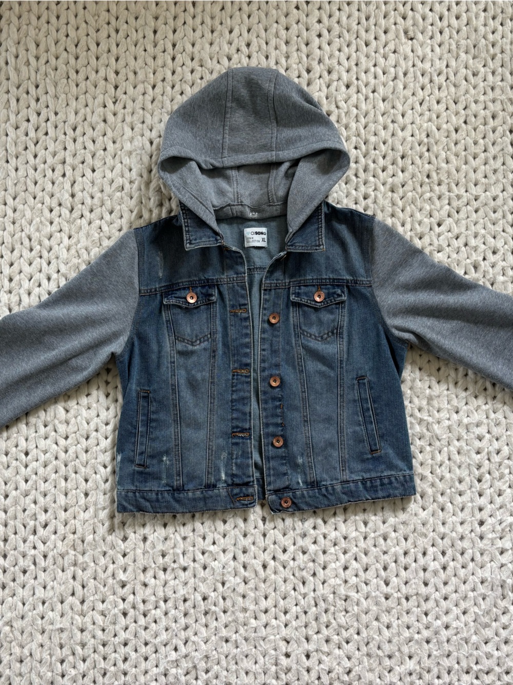 Ci Sono Blue Denim Jacket with Gray Hoodie and Sleeves